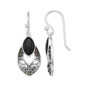 Tori Hill Sterling Silver Marcasite Black Onyx Openwork Drop Earring Pierced